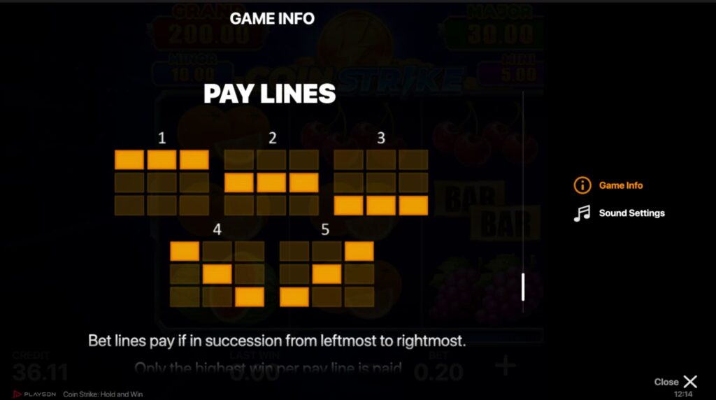 Screenshot Showing Coin Strike paylines