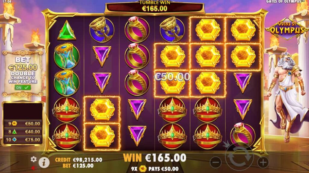 Screenshot Showing Gates of Olympus 165 eur win