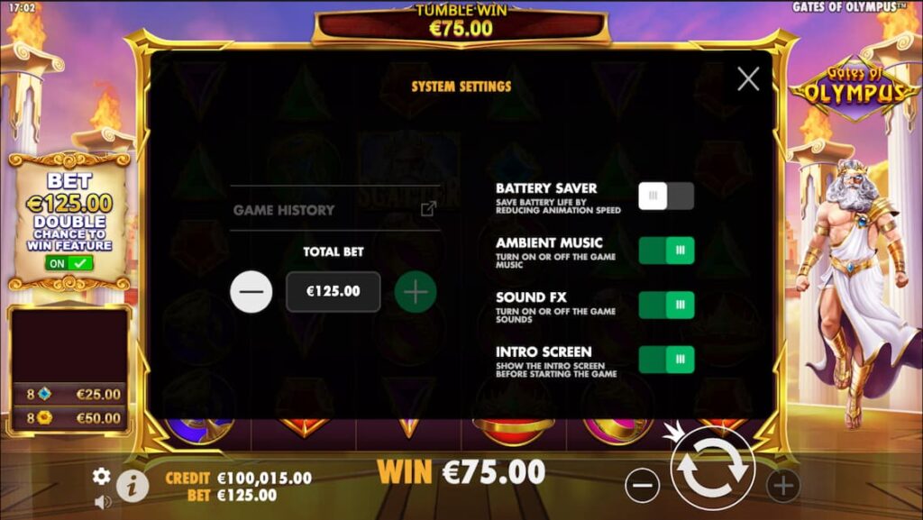 Screenshot Showing Gates of Olympus game settings
