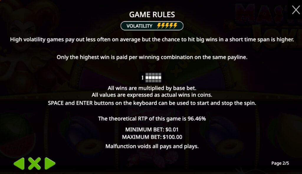 Screenshot Showing Master Joker fixed payline