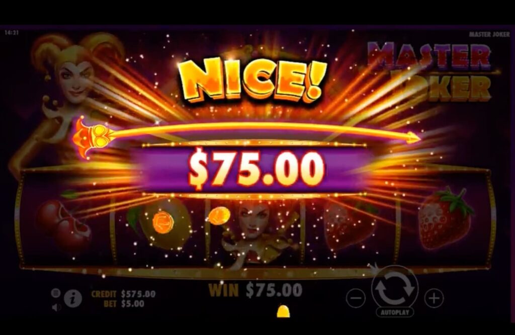 Screenshot Showing Master Joker showing 75 usd win