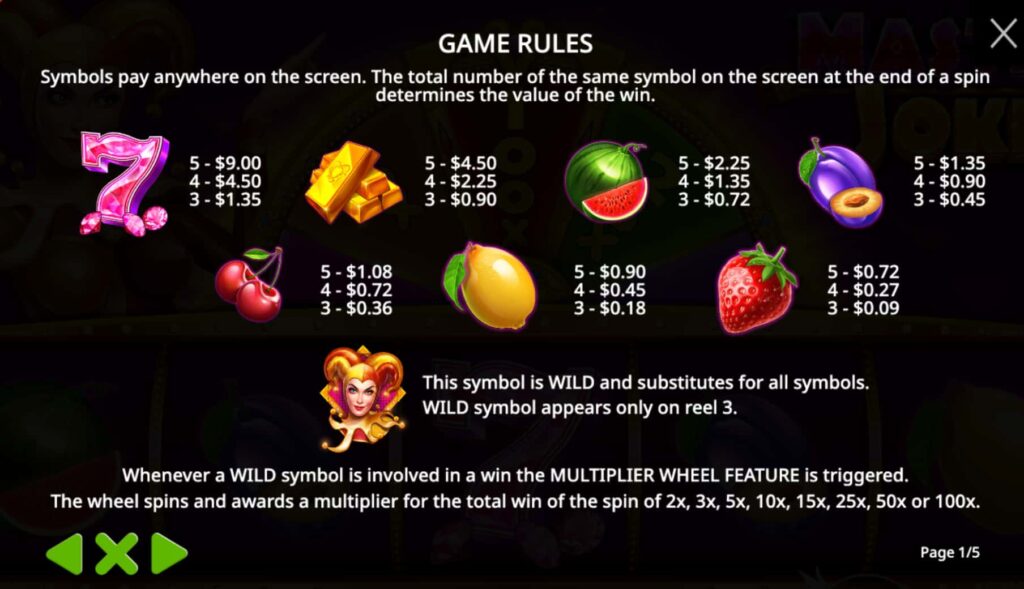Screenshot Showing Master Joker symbols and payouts