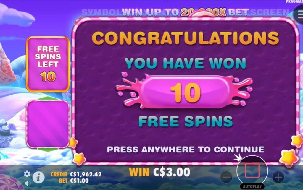 Screenshot Showing Sweet Bonanza 1000 10 free spins won