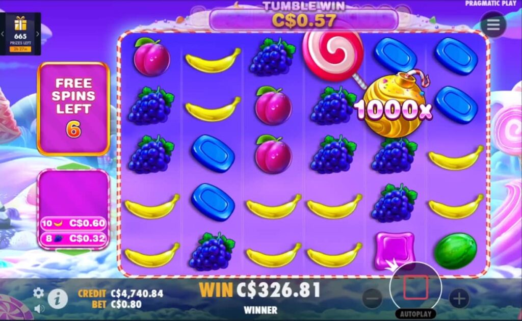 Screenshot Showing Sweet Bonanza 1000 326 C$ win