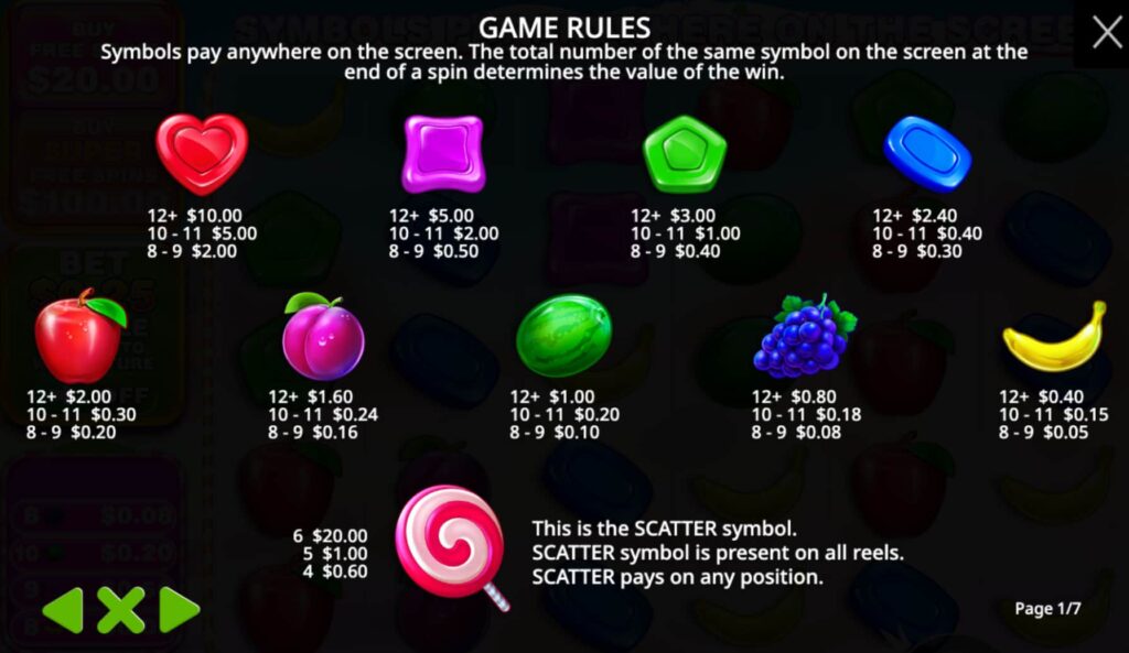 Screenshot Showing Sweet Bonanza 1000 symbols and payouts