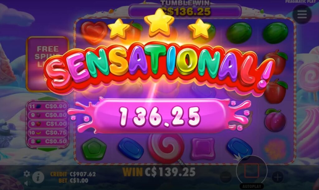 Screenshot Showing Sweet Bonanza 1000 win of 136 C$