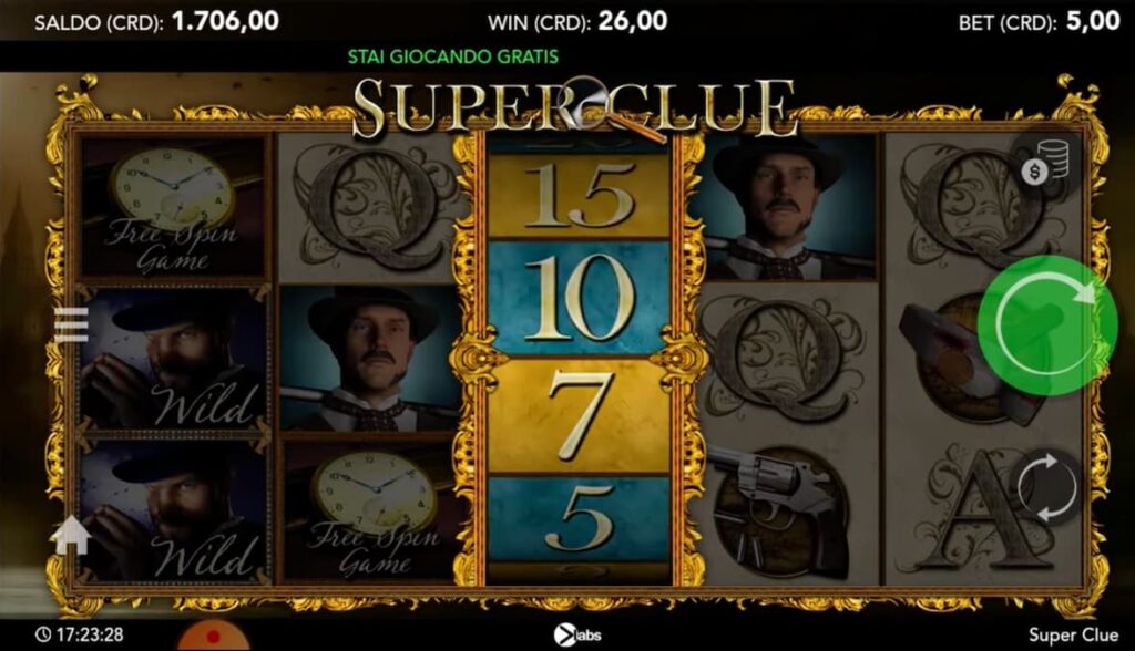 Screenshot showing 7 fre spins won in Super clue