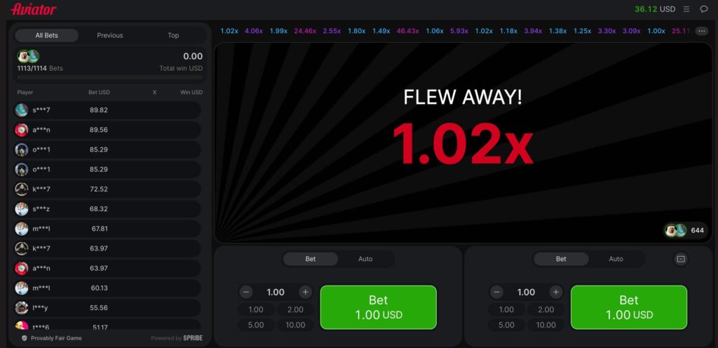 Screenshot showing the plane fly away at only multiplier 1.02x in Aviator