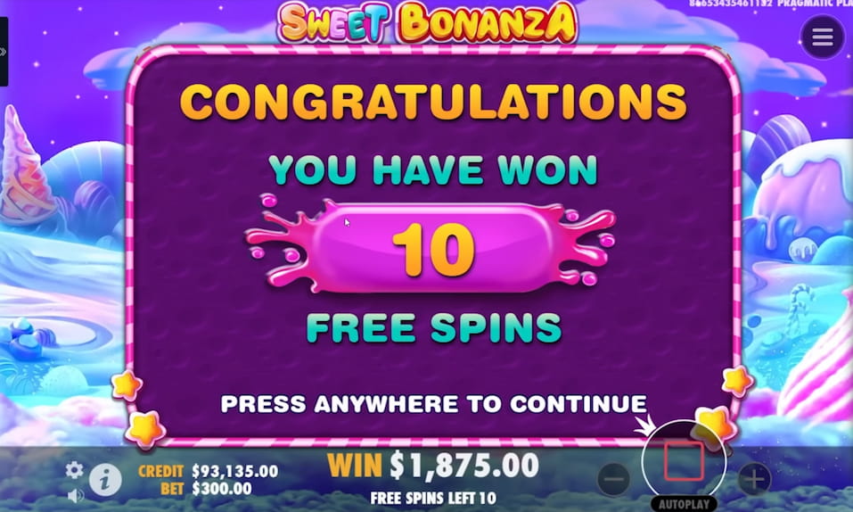 Sweet Bonanza slot oyununda 10 ücretsiz dönüş kazandığınızı gösteren ekran görüntüsü

