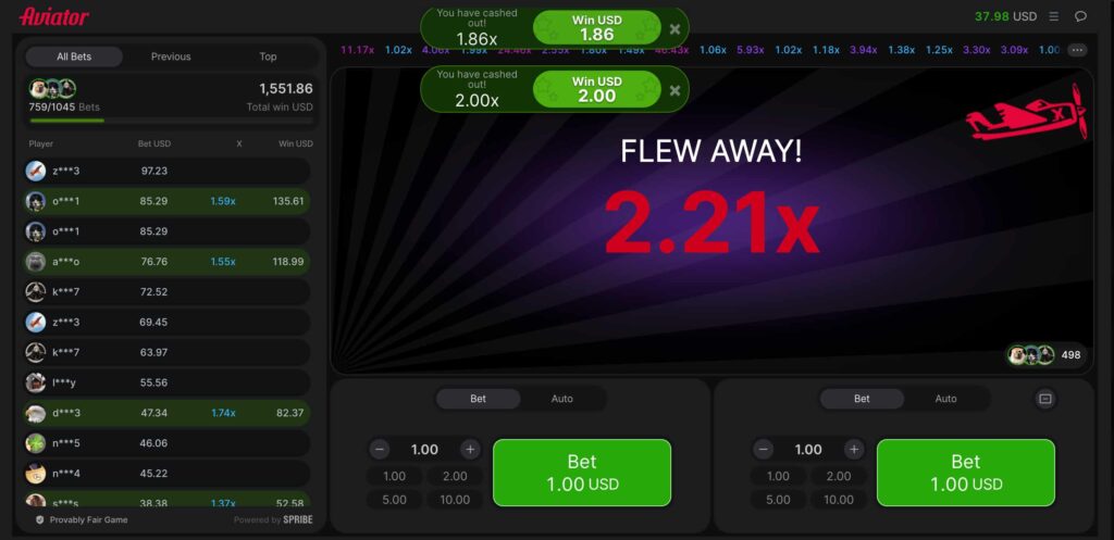 screenshot showing a player cash out in Aviator
