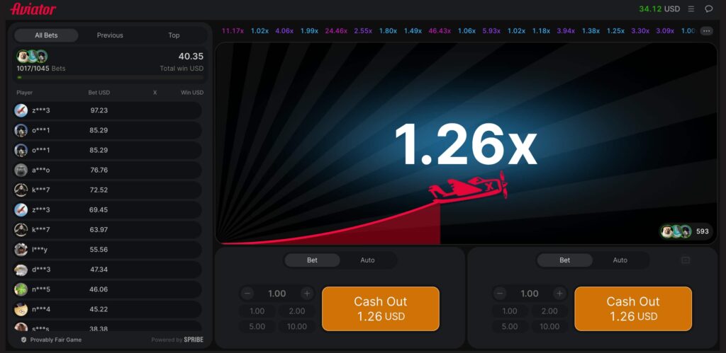 screenshot showing cashout options in Aviator crash game