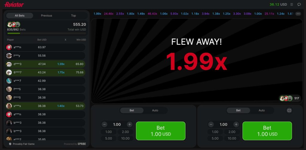 screenshot showing the plane fly away at 1.99 in Aviator