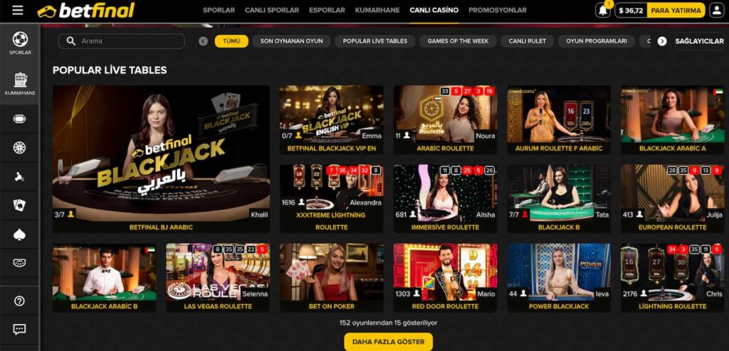 Betfinal Canlı Casino arayüzünün ekran görüntüsü