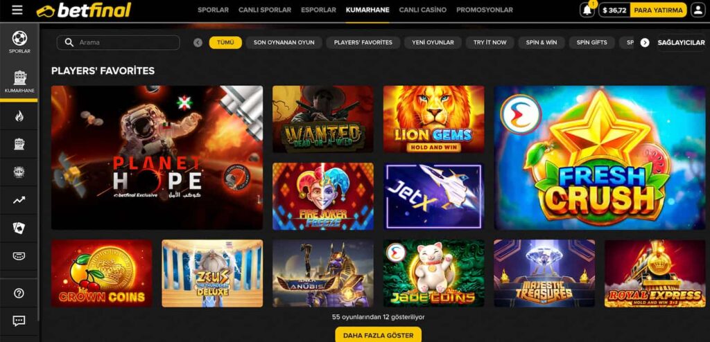 Betfinal Casino arayüzünün ekran görüntüsü