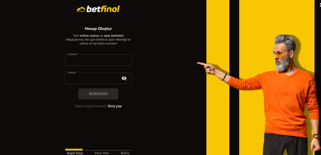Betfinal kayıt sürecinin birinci adımının ekran görüntüsü