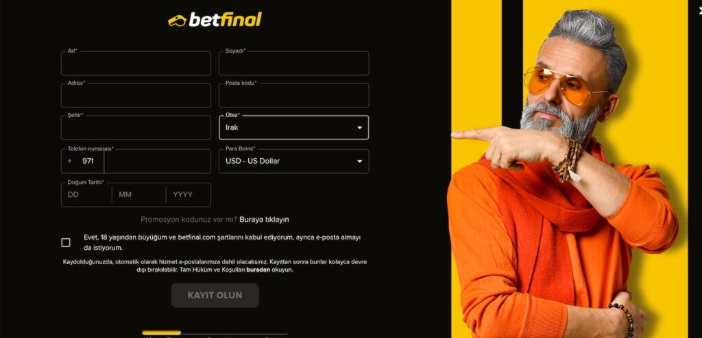 Betfinal kayıt sürecinin ikinci adımının ekran görüntüsü