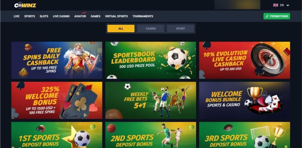 Screenshot of Cwinz casino bonuses and promos page