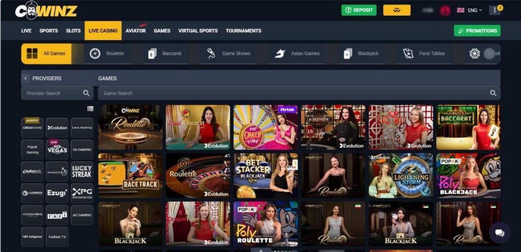 Screenshot of Cwinz Live Casino interface