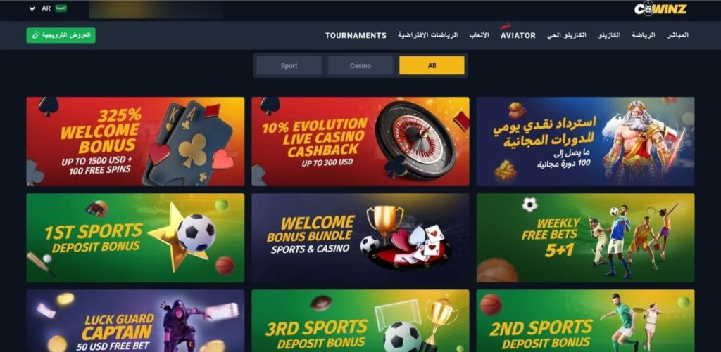 لقطة شاشة لصفحة المكافآت في Cwinz كازينو
