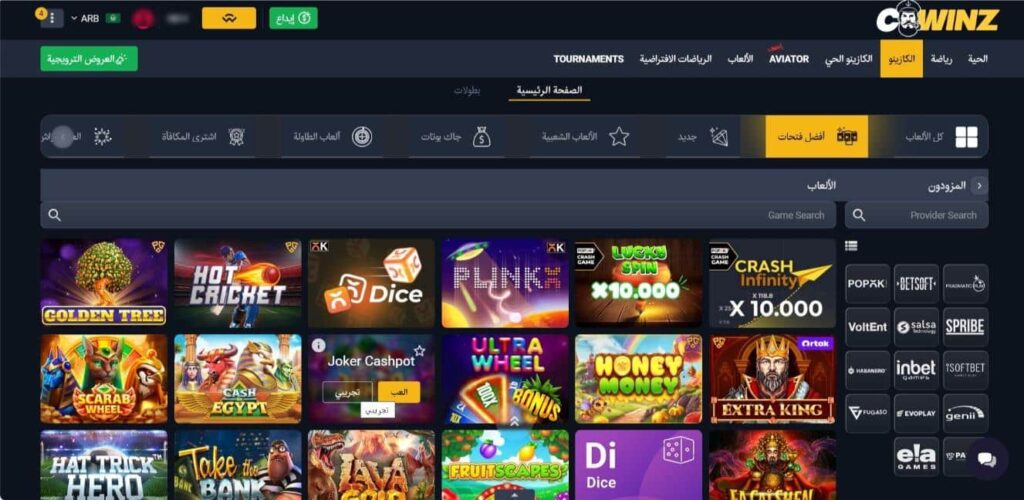 لقطة شاشة لواجهة قسم الكازينو في Cwinz كازينو