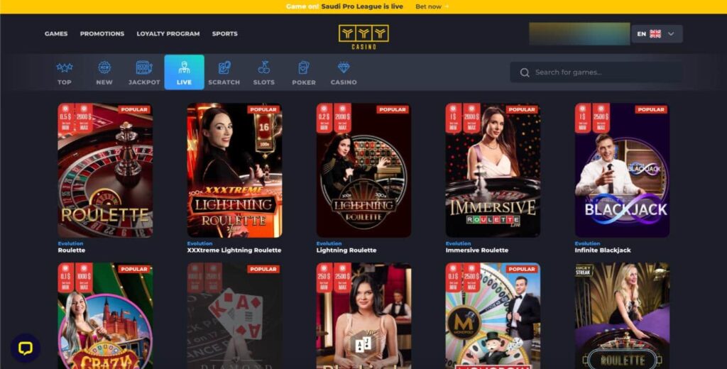 Screenshot of YYY Live Casino interface