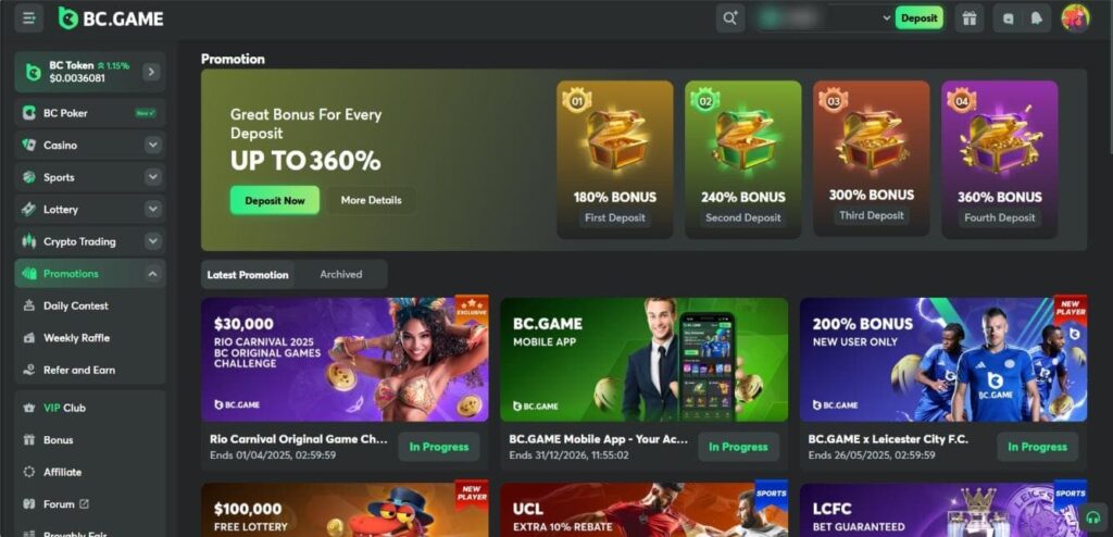 Screenshot of BC.Game casino bonuses and promos page