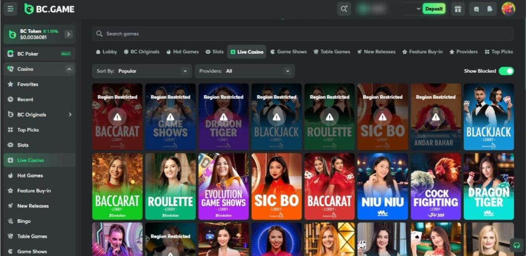 Screenshot of BC.Game Live Casino interface