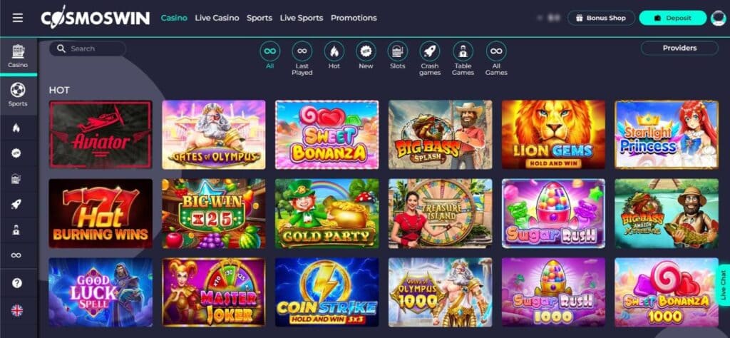 CosmosWin Casino arayüzünün ekran görüntüsü
