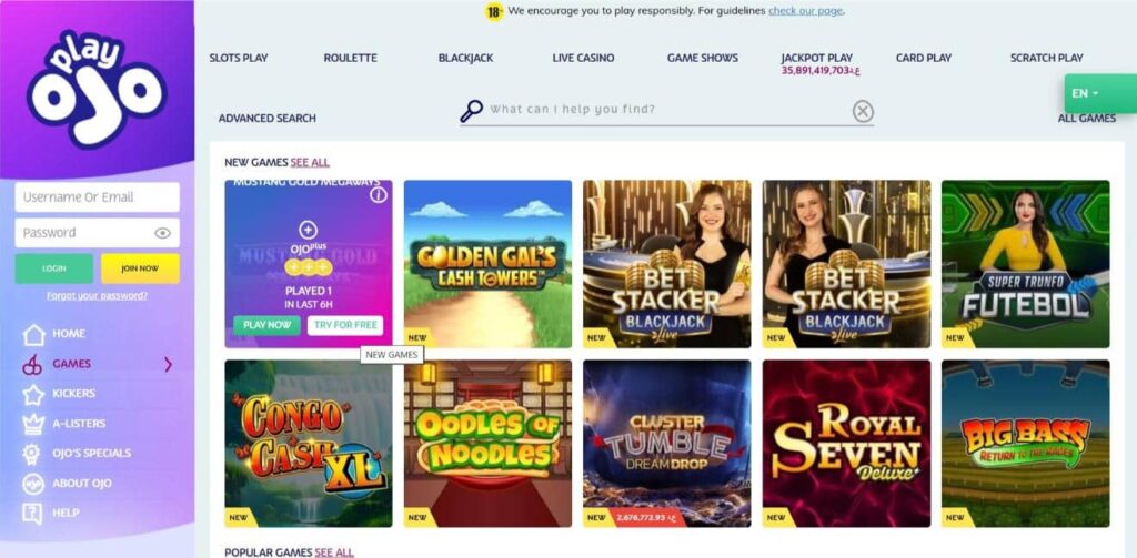 لقطة شاشة لواجهة الكازينو في كازينو PlayOJO