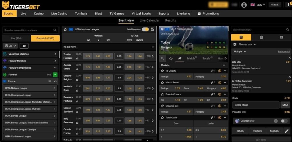 Screenshot of Tigersbet sports betting interface