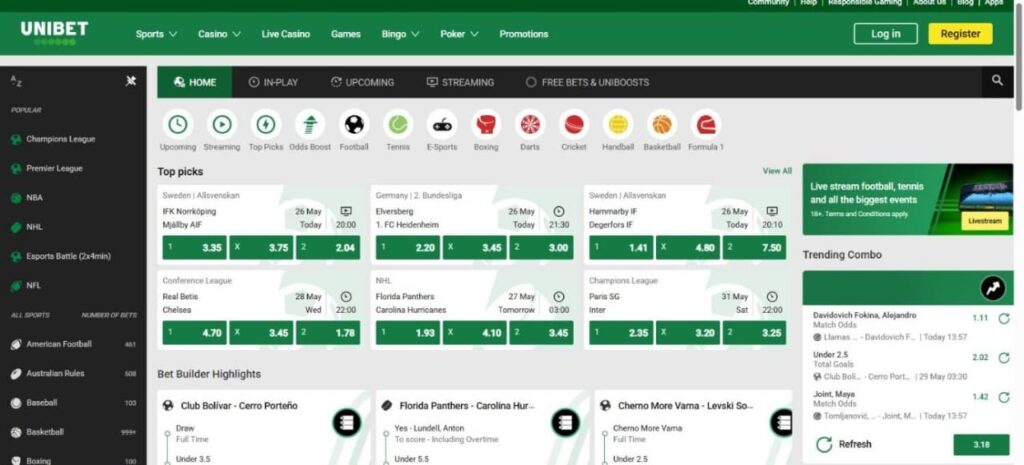 صفحة الرياضة في Unibet