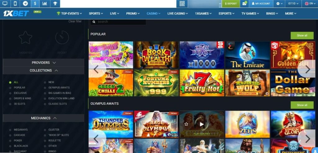 1xBet Casino interface