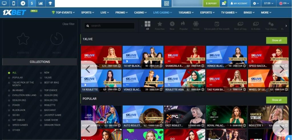 1xBet live casino interface