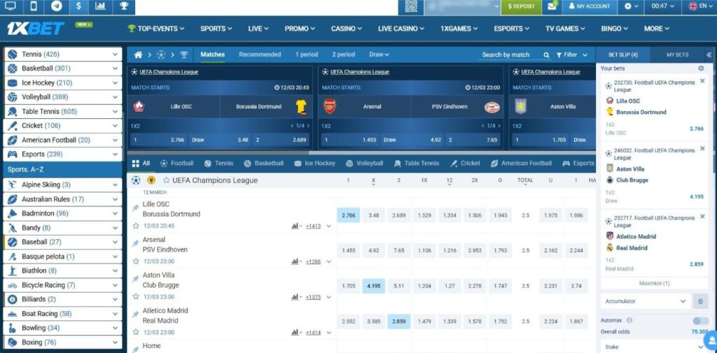 1xbet-sports-interface