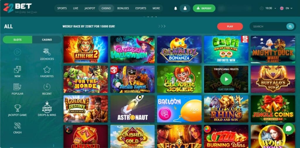 Screenshot of 22Bet Casino interface