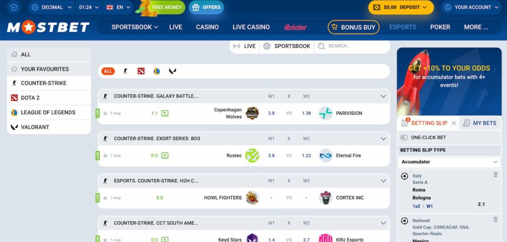 MostBet Esports Betting Page