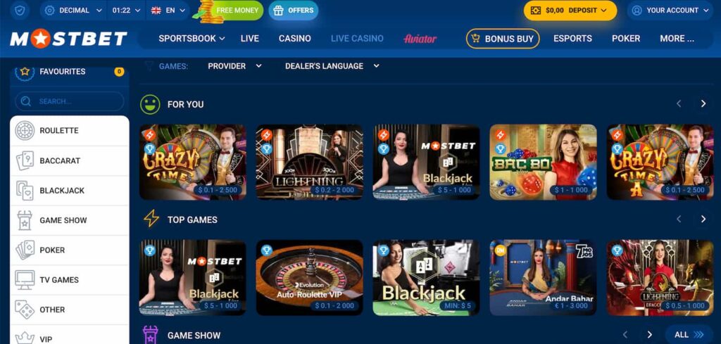 MostBet Live Casino Page