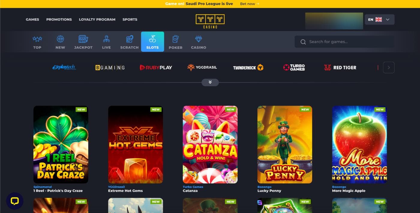 Screenshot of YYY Casino interface