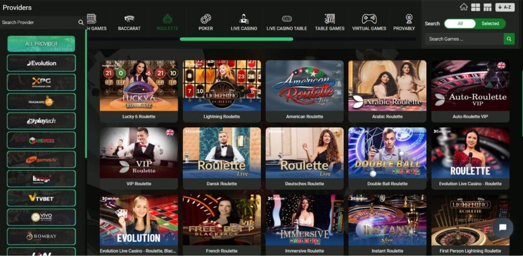 Screenshot of Aryanbet Live Casino interface