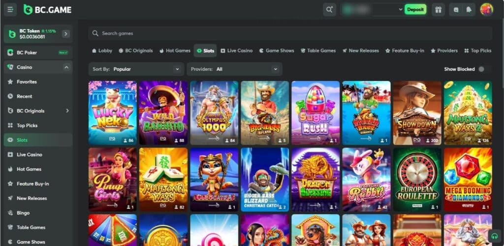 Screenshot of BC.Game Casino interface