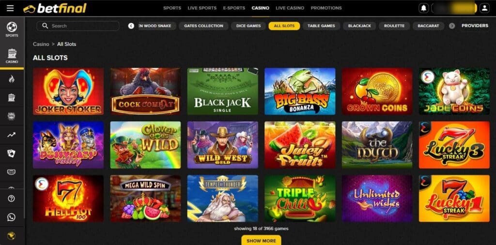 Screenshot of the Betfinal Casino interface
