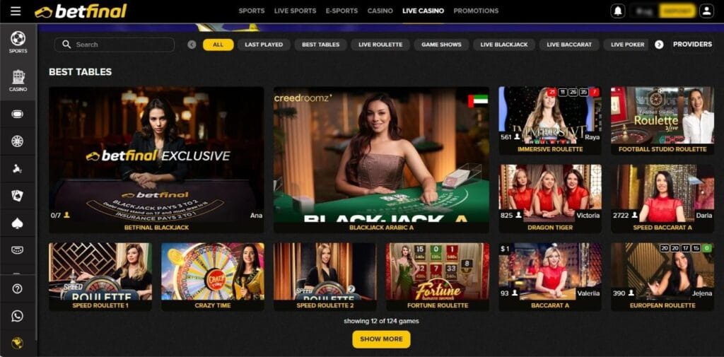 Screenshot of the Betfinal Live Casino interface