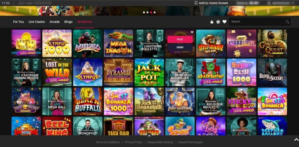 Spin Casino interface