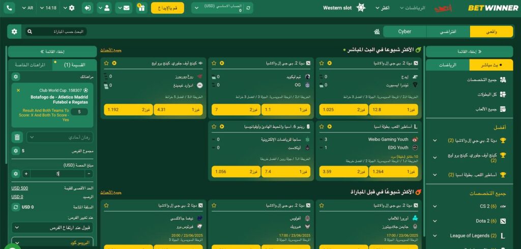 صفحة المراهنات على الرياضات الإلكترونية في BetWinner