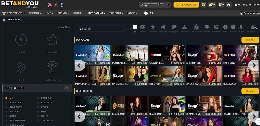bet and you live casino section